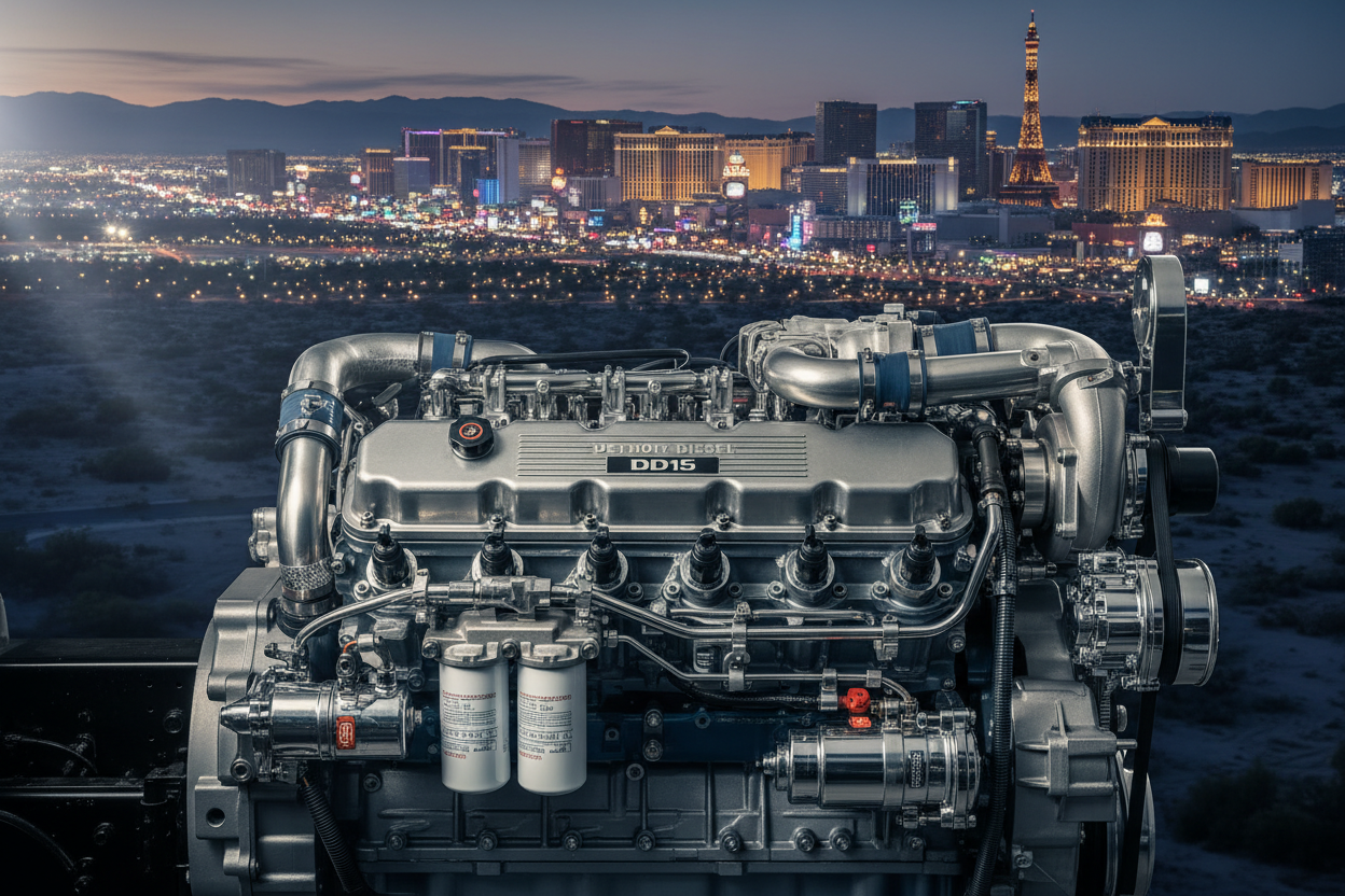 create image of a DD 15 engine with las Vegas skyline in the background